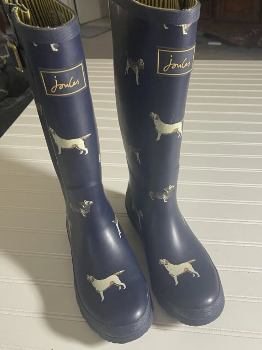 Joules Women’s Welly Dog Print Rain Boots, 15” Tall, Waterproof, Black,Size US 8